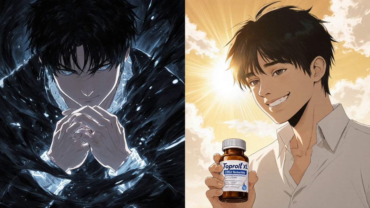 A person transitions from fatigue and cold hands to relief and warmth after switching medications.