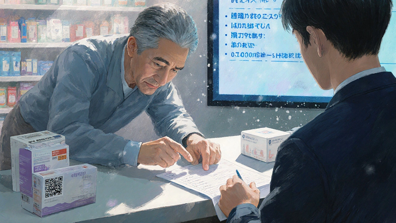 A pharmacist shows a QR code on an OTC box to a patient holding a list of multiple medications, with a digital interaction alert in the background.