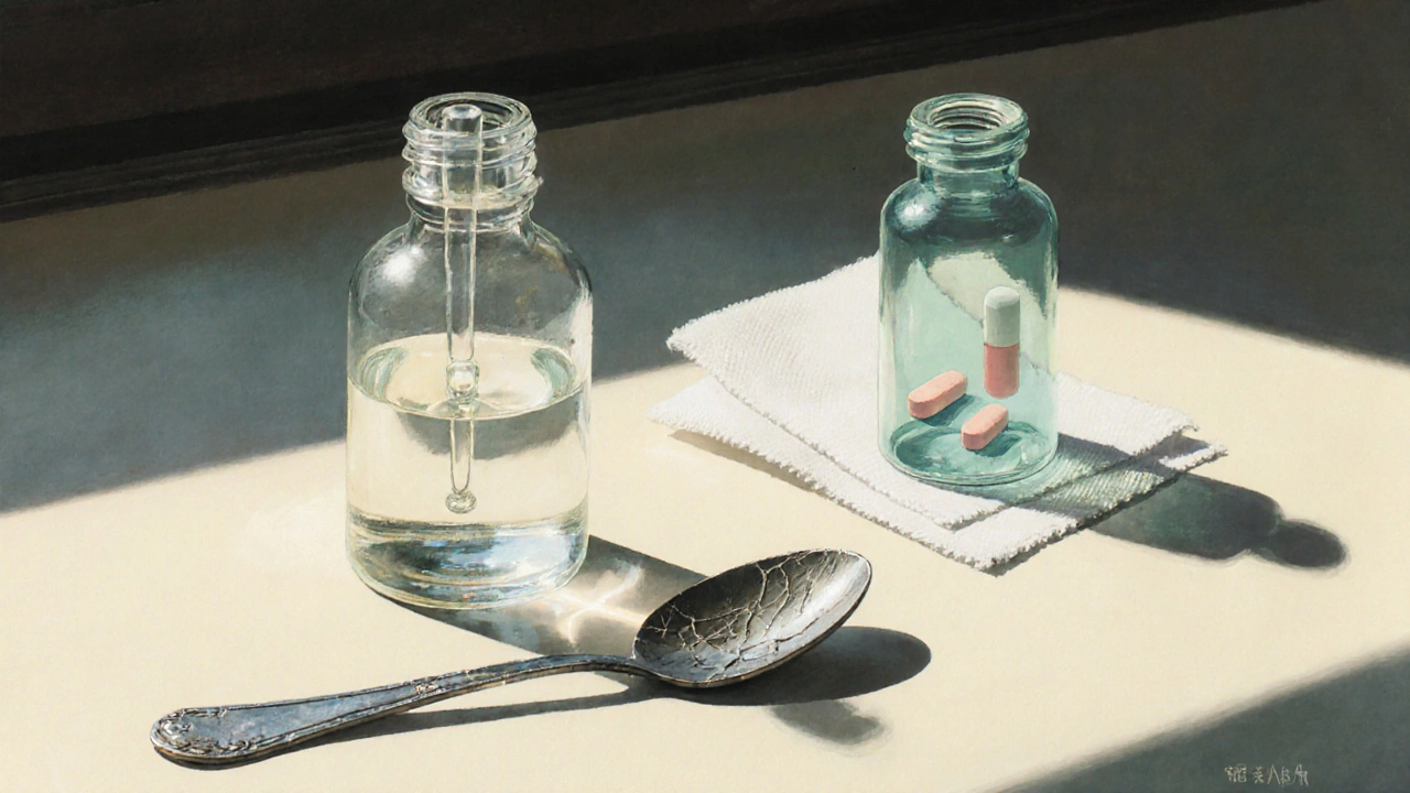 A pharmacy counter showing a liquid medicine bottle and a small pill bottle with pediatric tablets, side by side.
