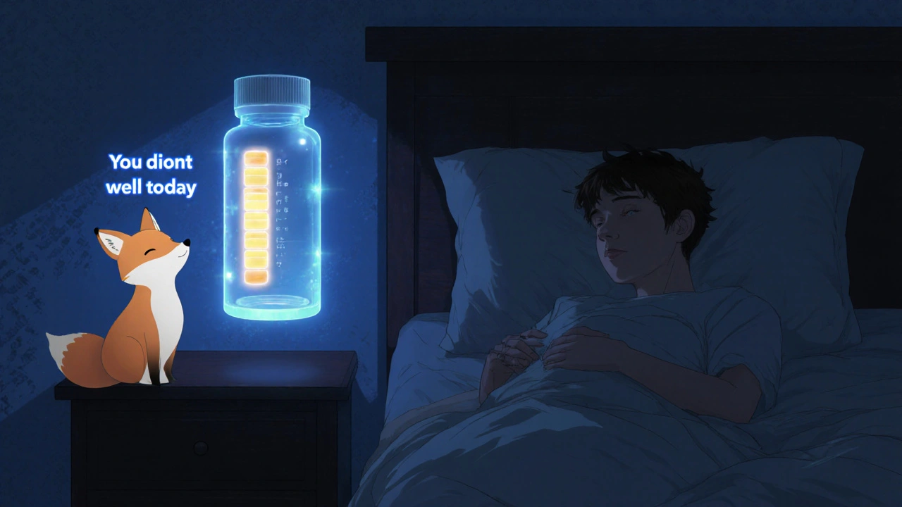 A smart pill bottle glowing beside a sleeping man, with a gentle AI fox avatar whispering encouragement in the dark.