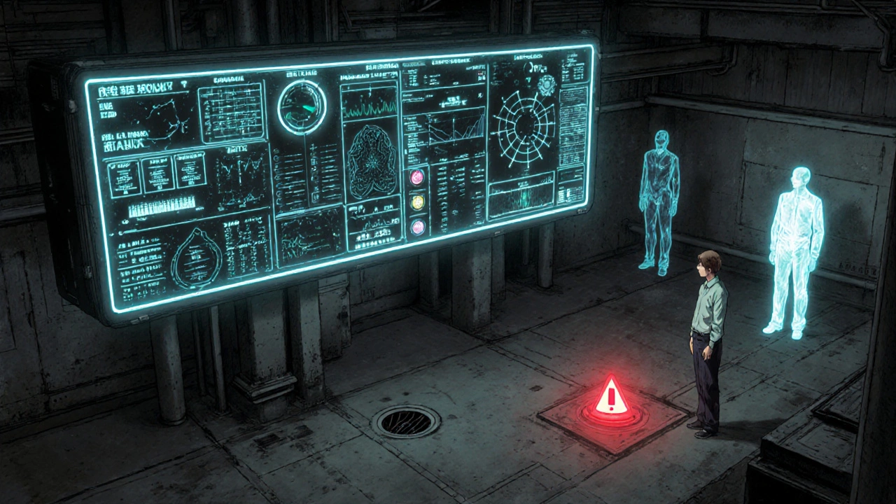 AI dashboard pulses with real-time contamination data above a factory floor, a red alert glows near a drain as ghostly traces fade on walls.