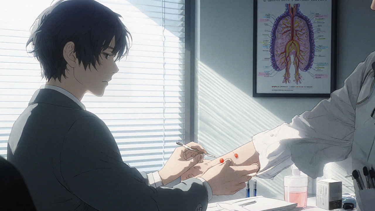 Allergist performing skin prick test for penicillin allergy in calm office setting.