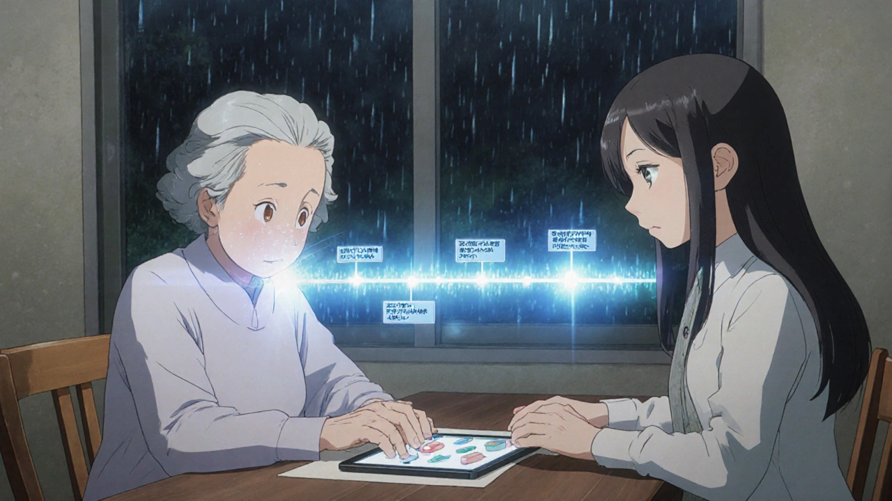 An elderly woman and her granddaughter setting up a medication app together, with a glowing adherence timeline above them.