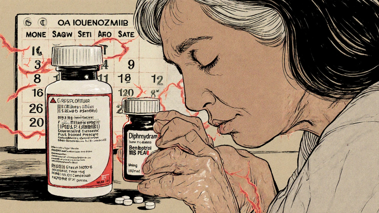 An elderly woman holding Benadryl beside her blood pressure pills, her hands trembling, with warning symbols subtly glowing behind her.