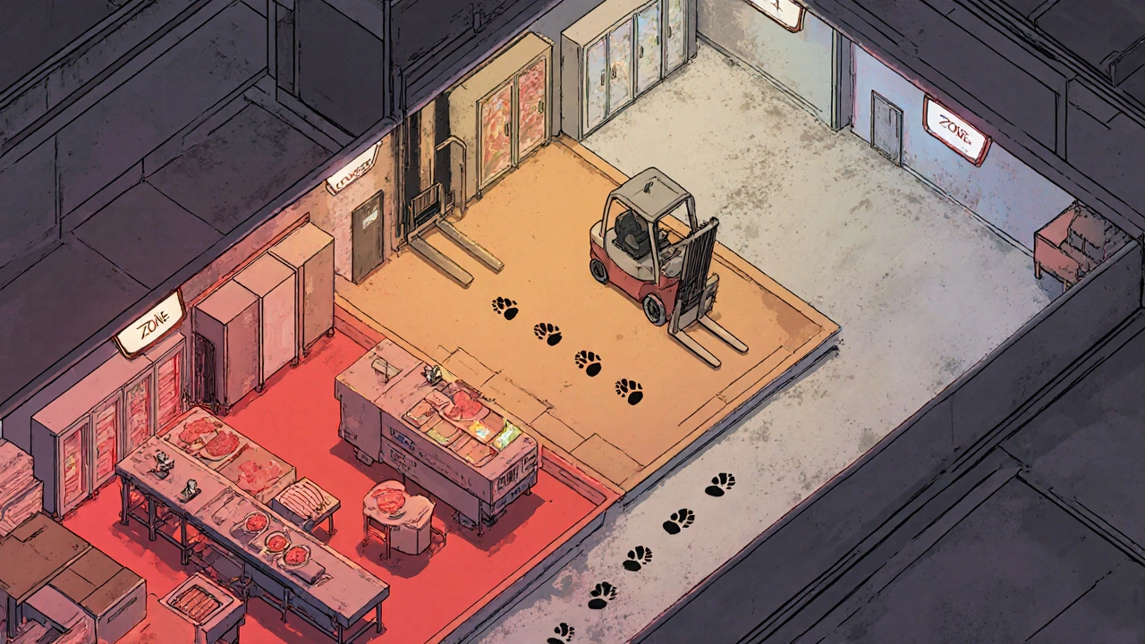 Cross-section of a manufacturing facility showing risk zones from red (Zone 1) to pastel (Zone 4), with footprints leading from break room to floor.