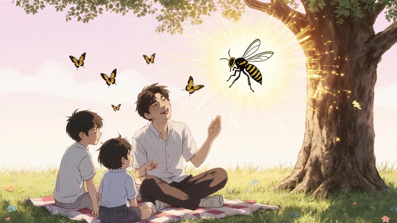 Family picnicking peacefully under a tree, a fading wasp image dissolving into golden light symbolizing protection.