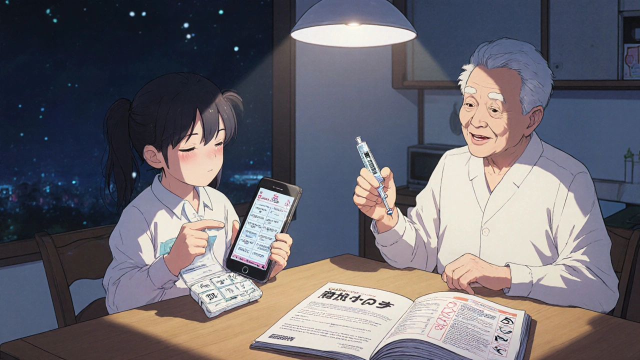 Family using pill organizer and oral syringe together at kitchen table with clear medication label visible.