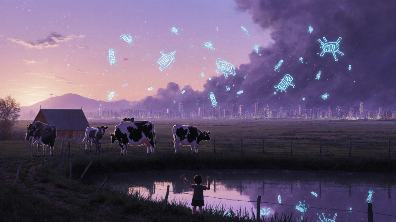 Farm animals with glowing resistance genes drifting into the air toward distant cities.