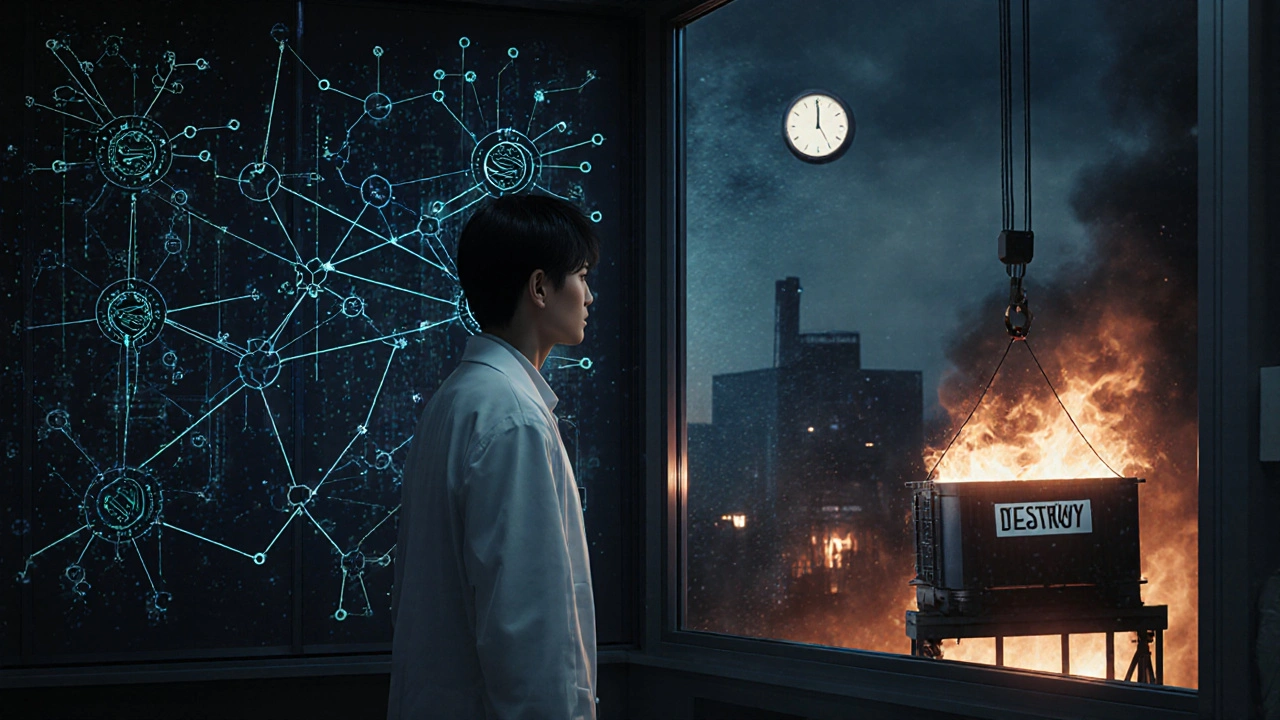 FDA inspector standing before a glowing blockchain traceability wall, with a container being destroyed in the background.