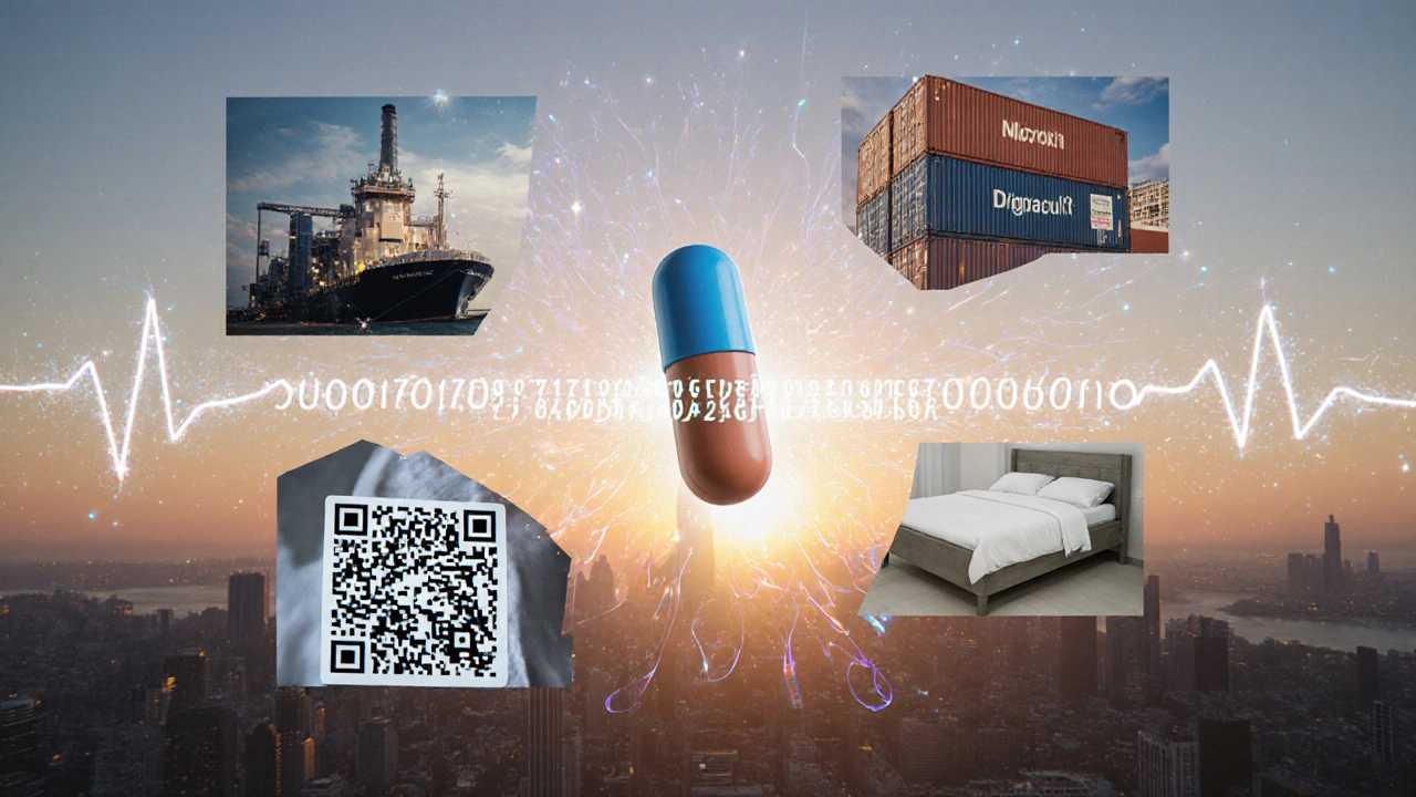 Floating pill surrounded by supply chain images connected by glowing NDC code.