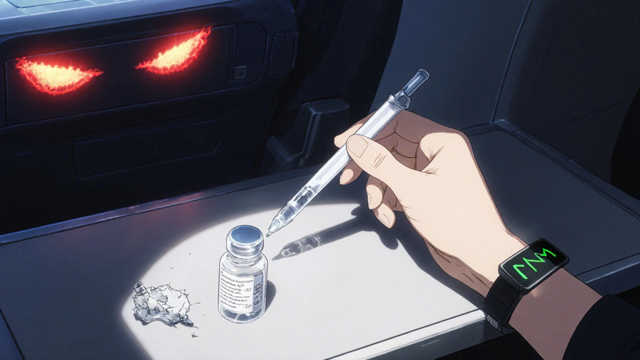 Hand holding clear insulin pen beside discarded cloudy vial, CGM wrist display glowing green.