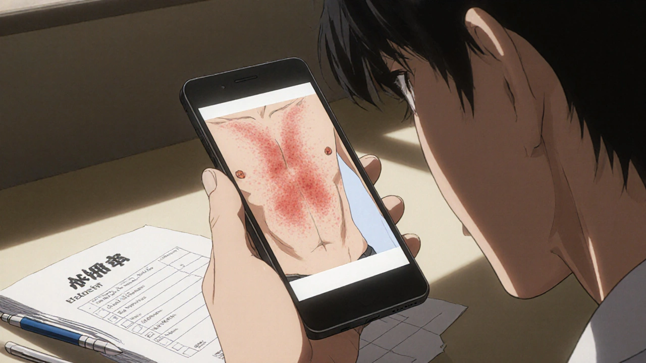 Hand holding photo of drug-induced rash next to medical notes.