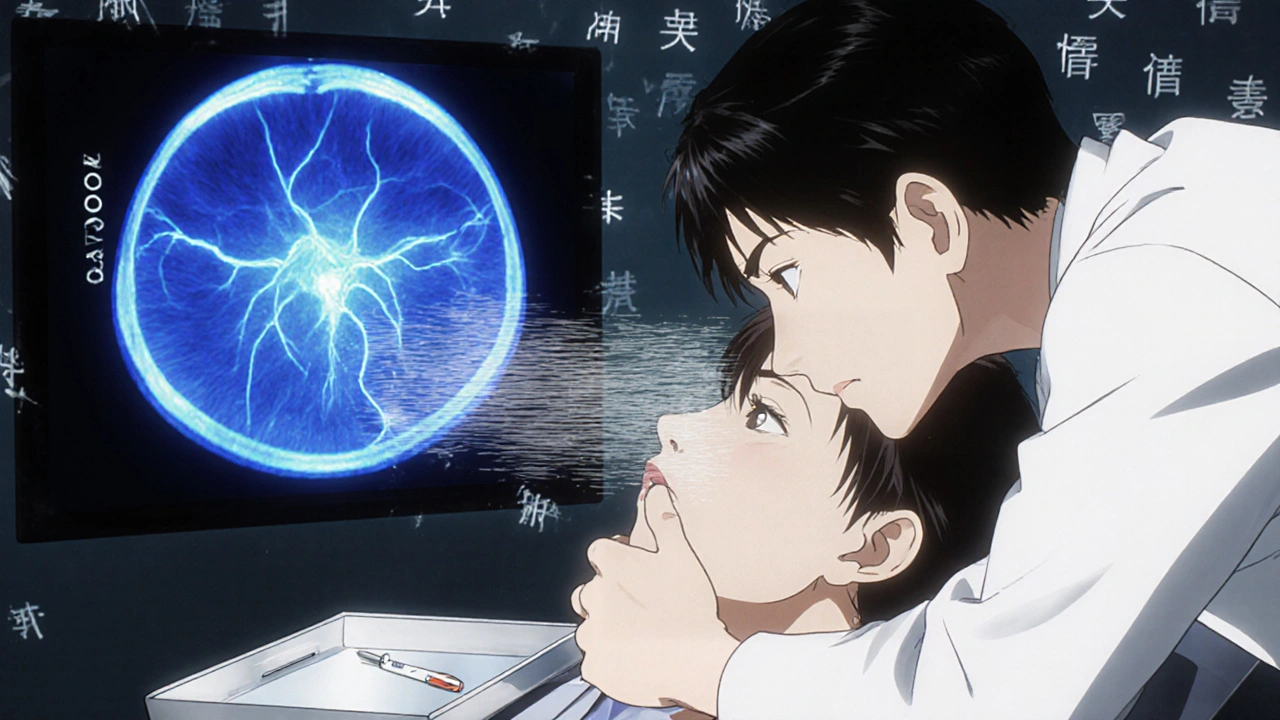 Ophthalmologist examining patient&#039;s eye with glowing OCT scan showing optic nerve thickening, spinal tap needle nearby.