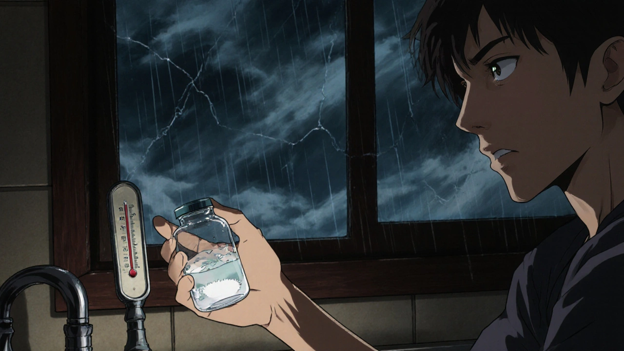 Patient holding a cloudy biologic vial under dim light, a broken thermometer on the counter.