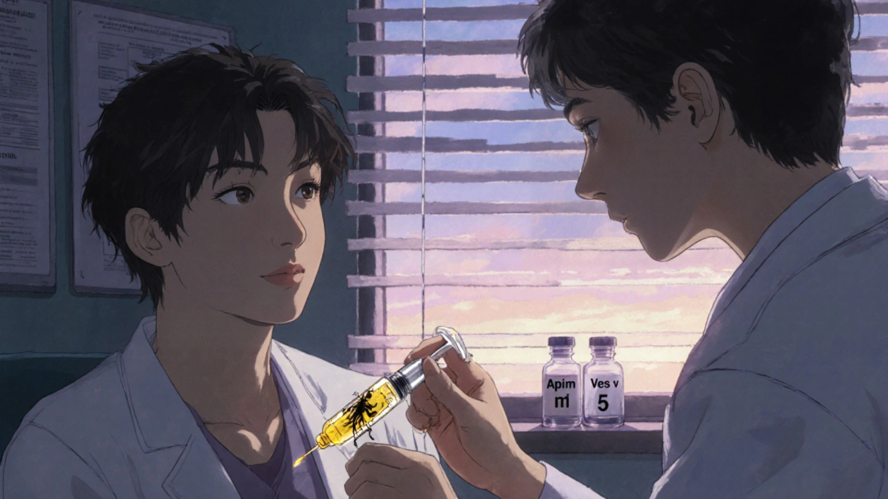 Patient receiving venom immunotherapy injection in a quiet clinic, with labeled venom vials in the background.