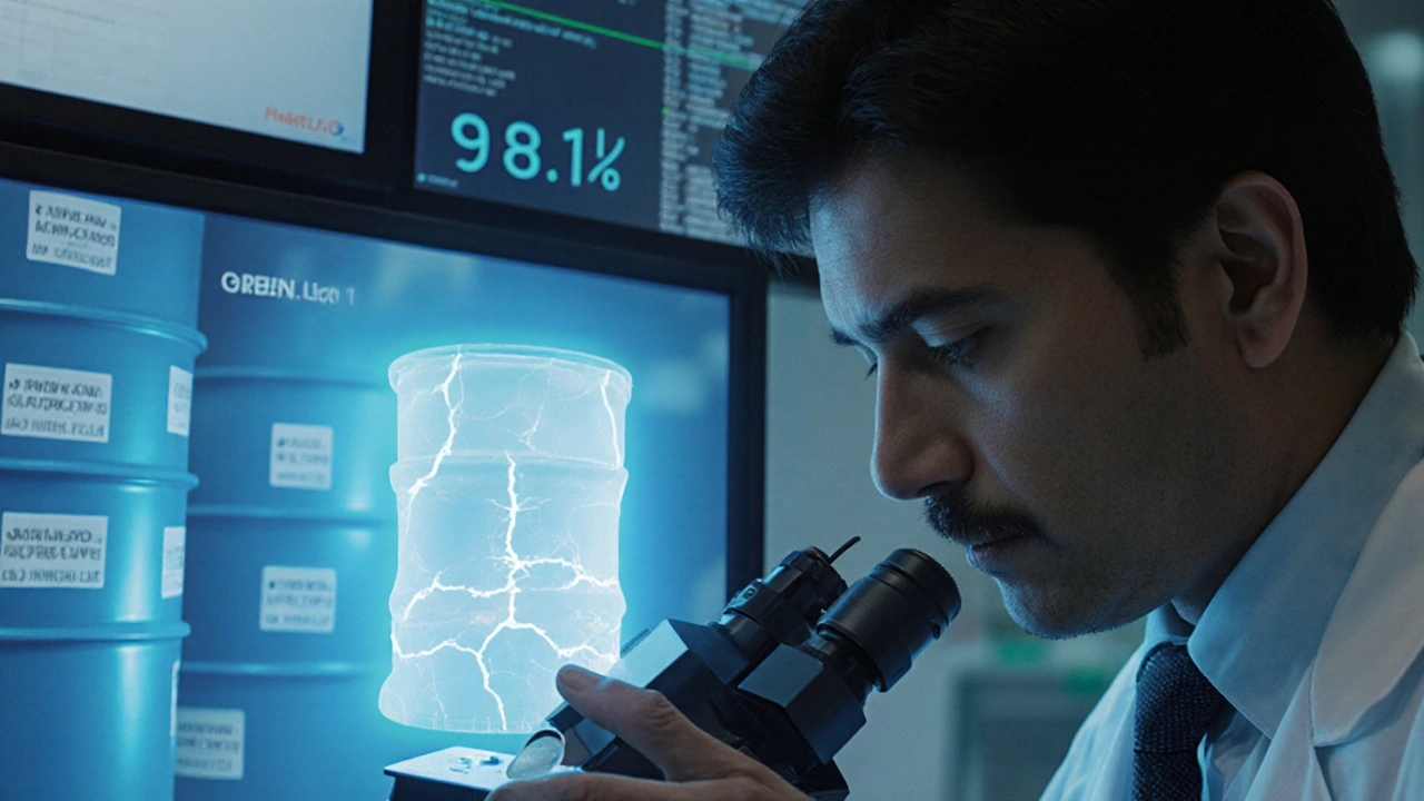 Pharmaceutical engineer examining a contaminated tablet with glowing impurities, surrounded by failing compliance metrics.