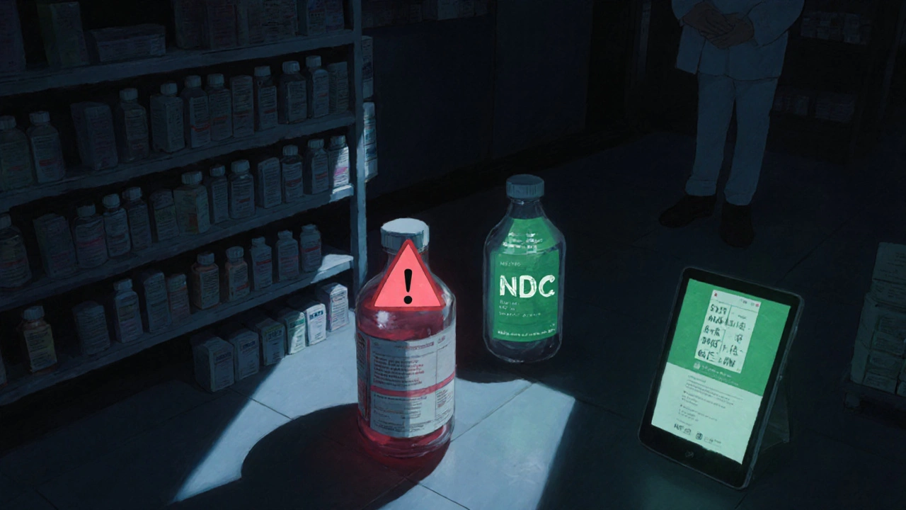Pharmacist comparing medication NDC on screen, one bottle flagged in red.