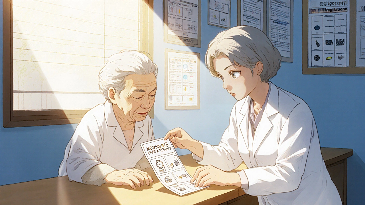 Pharmacist helping elderly woman understand new medication label with morning, noon, evening, bedtime icons.