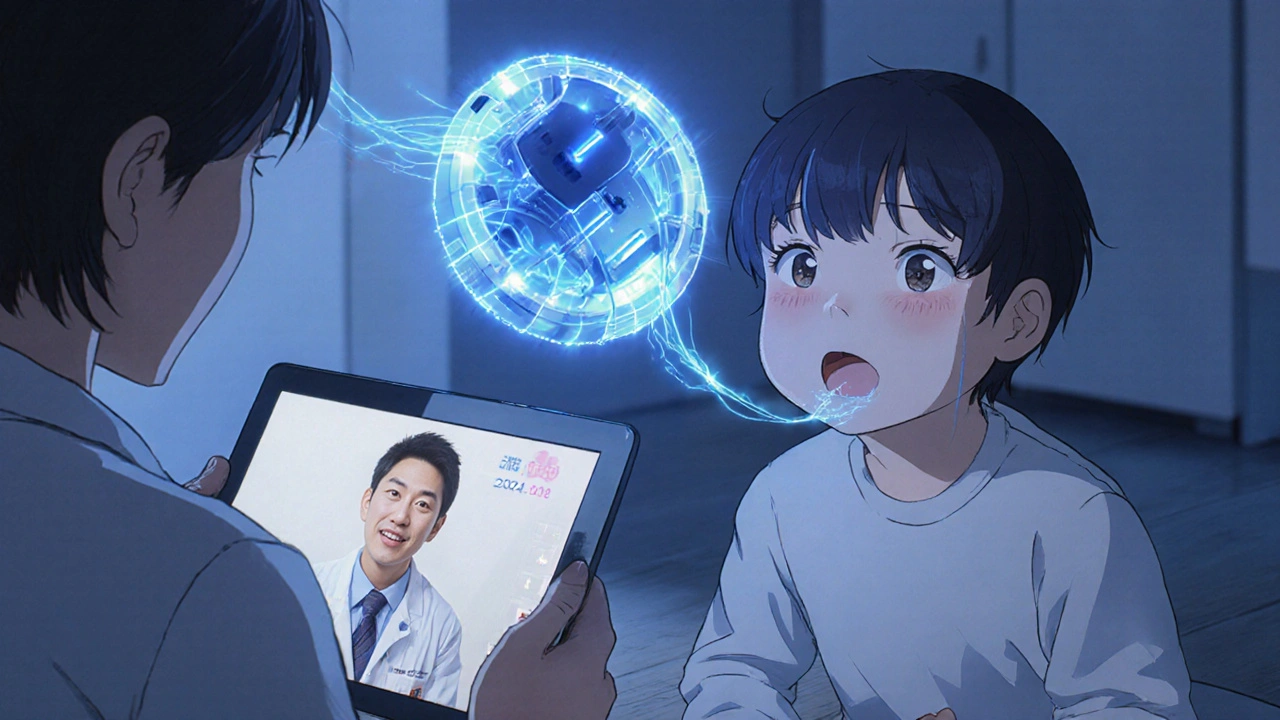 Smart spacer with glowing breath feedback, child and parent during telehealth consultation.