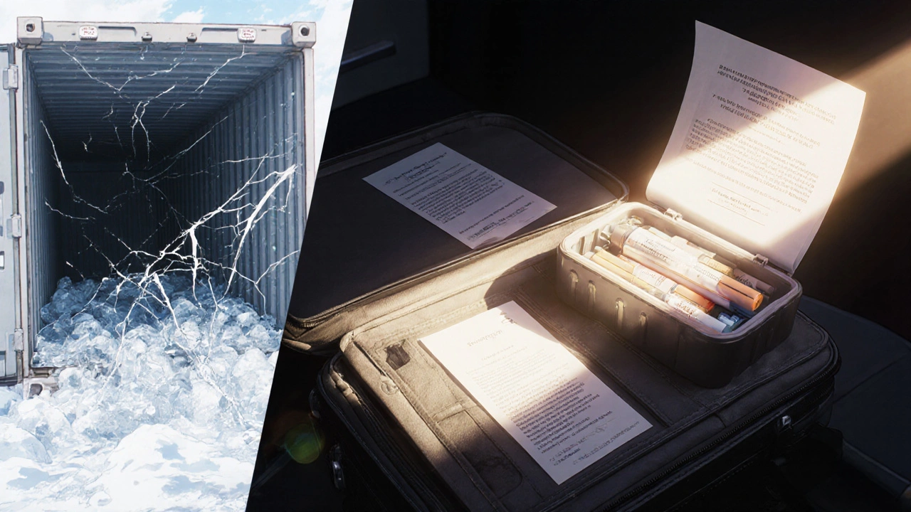 Split scene: frozen insulin in cargo hold vs. safely stored insulin in cooling case with medical documents.