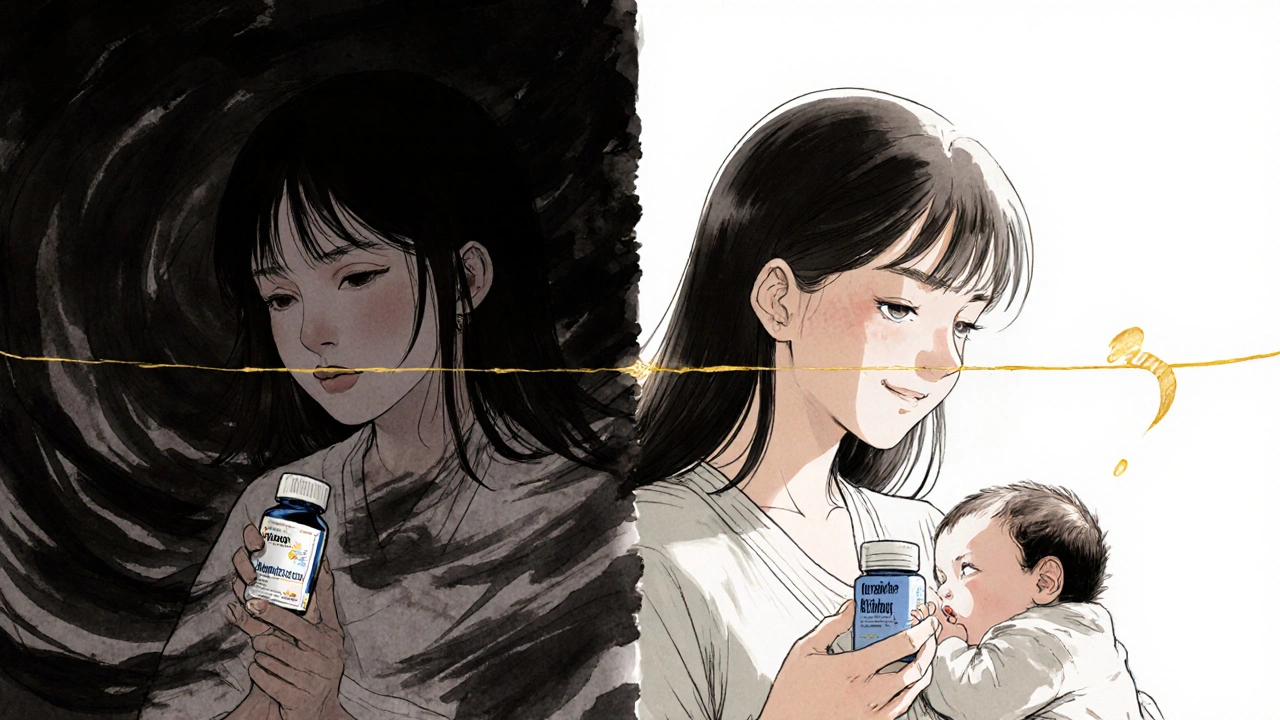 Split scene: one side shows danger from naproxen, the other safety with ibuprofen and loratadine as the baby nurses.