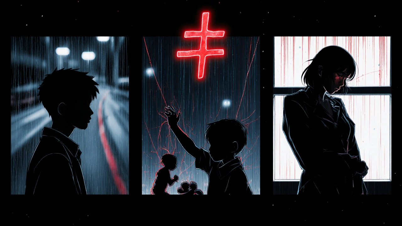 Three silhouette patients losing vision, connected by glowing pressure threads, red warning symbol pulsing above them.