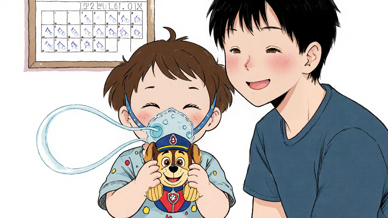 Toddlers holding a themed spacer mask, practicing breathing with parent’s support.