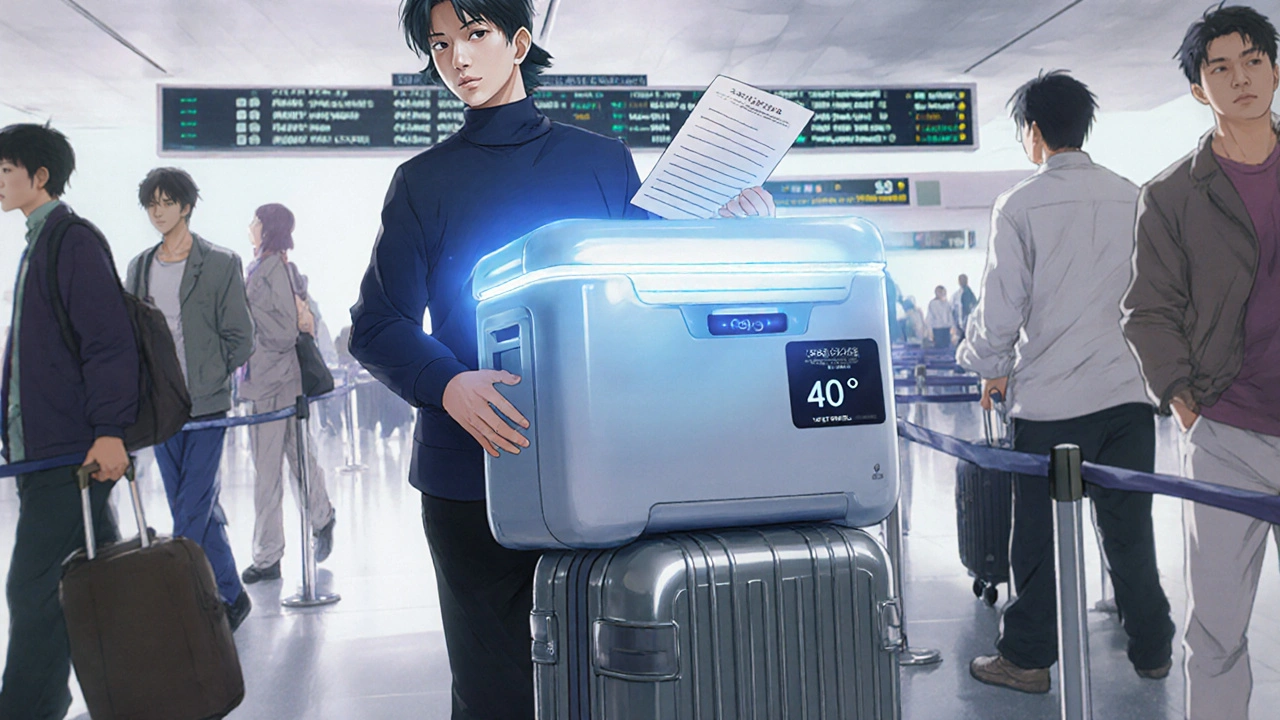 Traveler carrying a pharmaceutical cooler with glowing temperature display at airport security.
