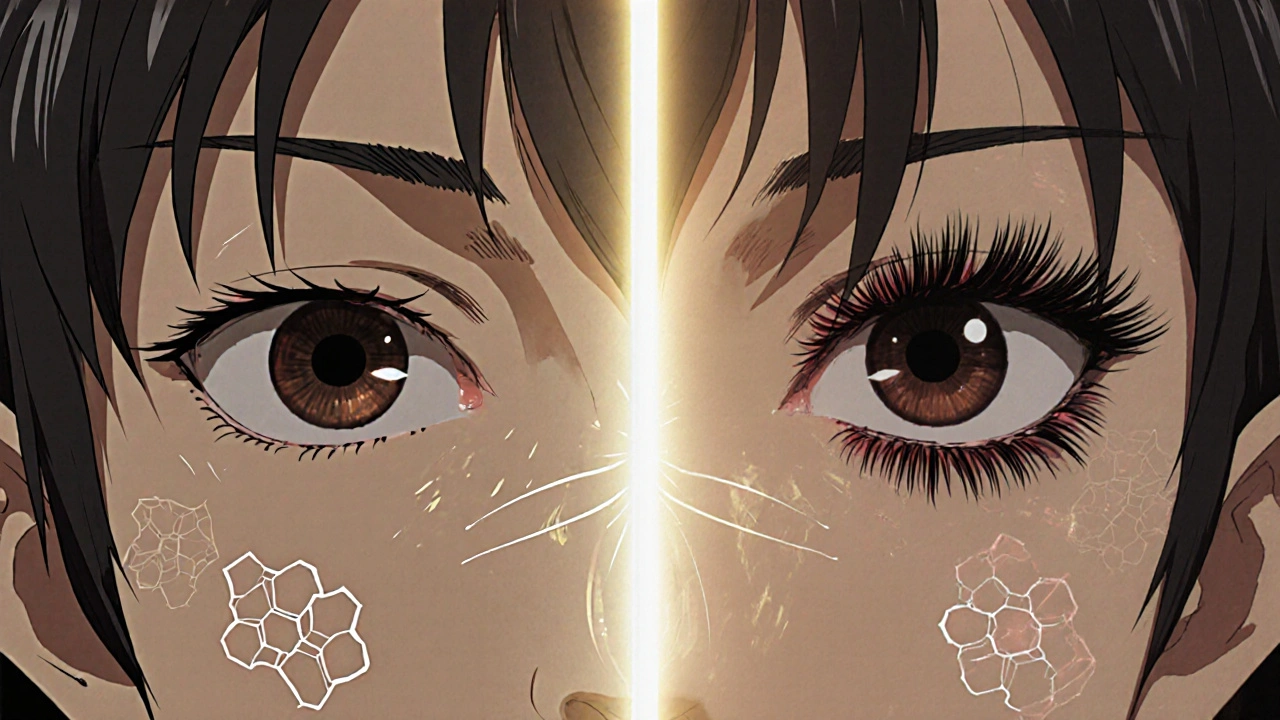 Two contrasting eyelashes floating in light, one thin and one thick, symbolizing growth triggered by bimatoprost.