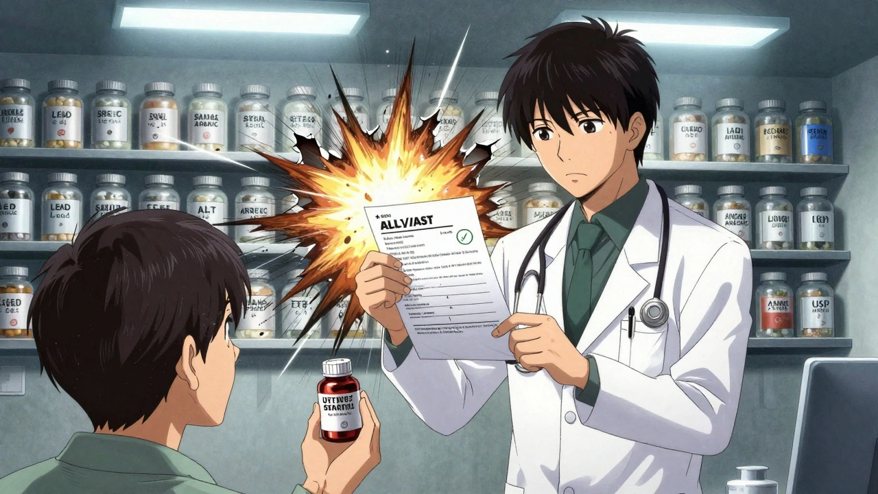 A doctor and patient facing a wall of exploding supplement jars filled with hidden toxins and contaminants.