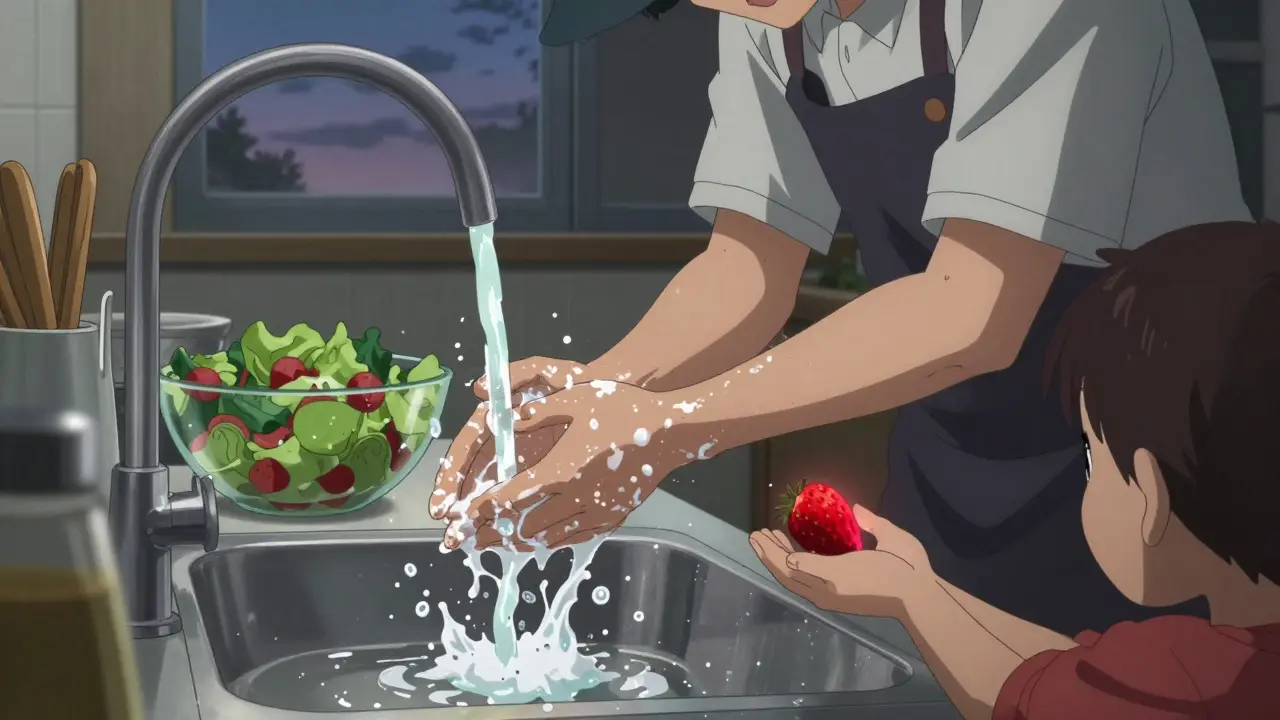 A food worker washes hands thoroughly, with a contaminated strawberry glowing faintly nearby.