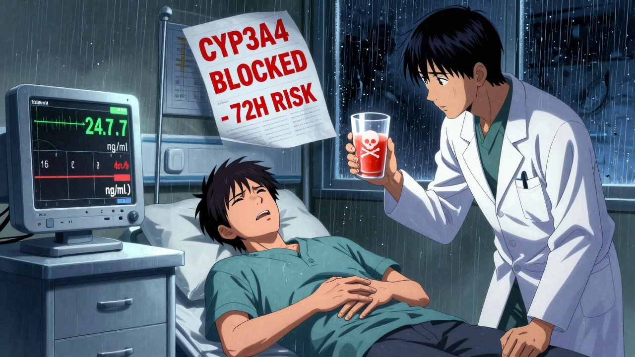 A hospital monitor shows dangerously high drug levels as a grapefruit juice glass glows with a skull symbol.