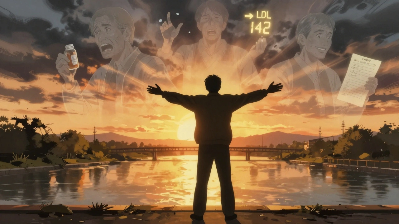 A man on a bridge at sunset, ghostly versions of himself behind him as LDL levels glow in the sky.