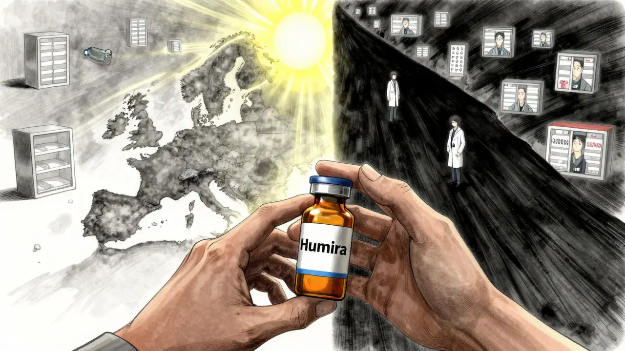 A patient reaches for a costly biologic as two paths diverge—one bright with affordable biosimilars in Europe, the other dark with high prices in the U.S.