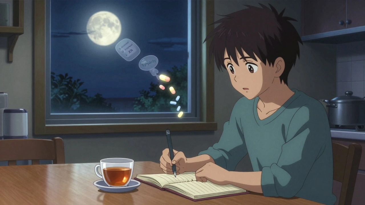 A person journaling blood sugar levels at night, with fading brand pills and glowing generics floating above them in moonlight.