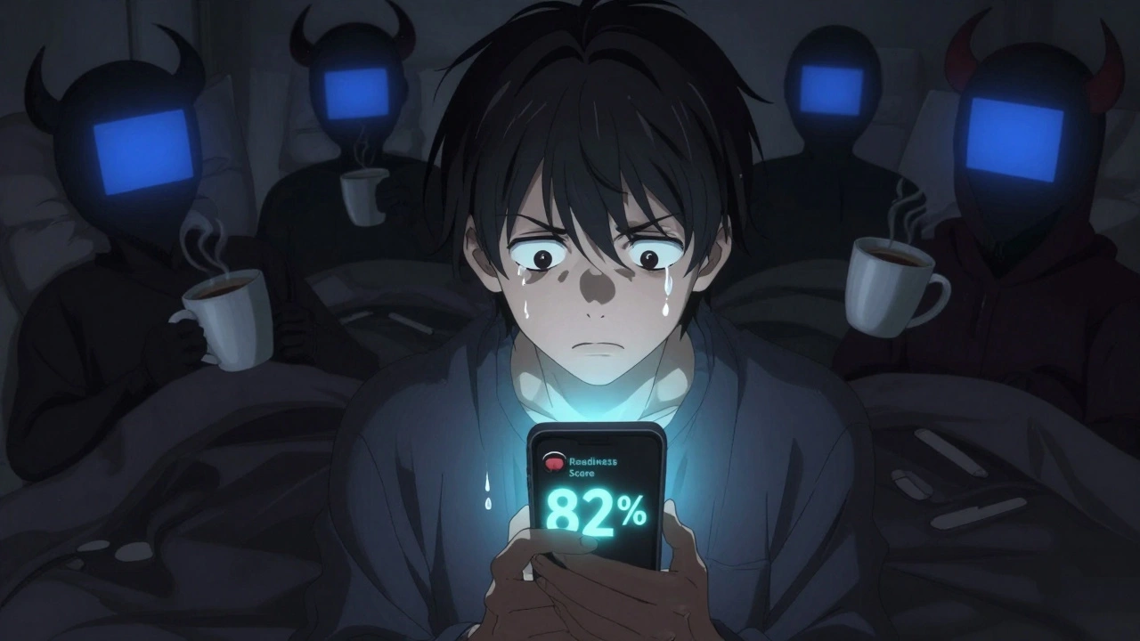 A person stares anxiously at a sleep readiness score, while shadowy figures of poor sleep habits loom behind them.