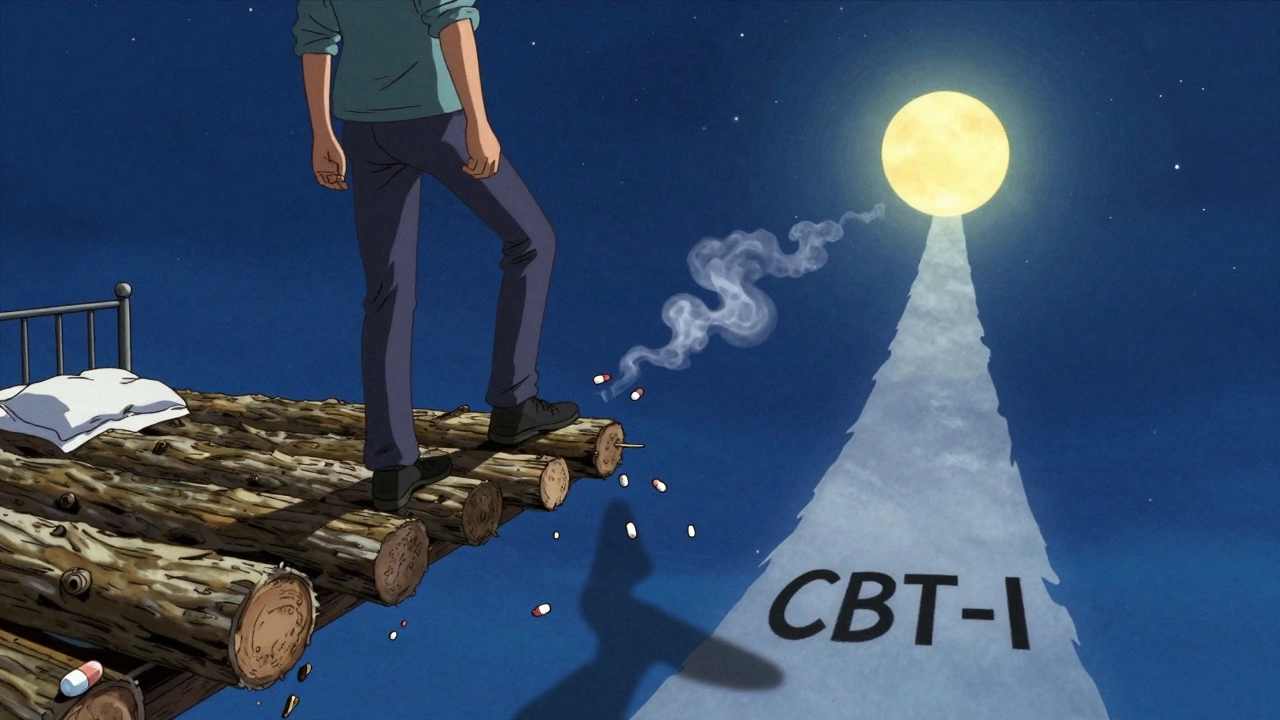 A person stepping from a broken bed onto a path of sleep tools, leaving pills behind as sunlight rises above a starry sky.