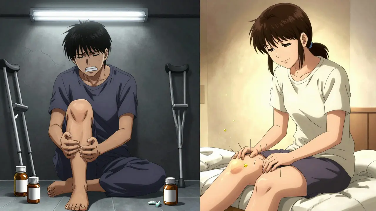 A person transitioning from pain and pills to relief through acupuncture, shown in contrasting scenes with emotional linework.