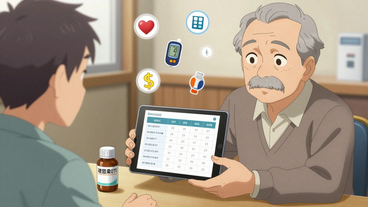 A pharmacist calmly explains generic drug options to an elderly patient in a consultation booth.