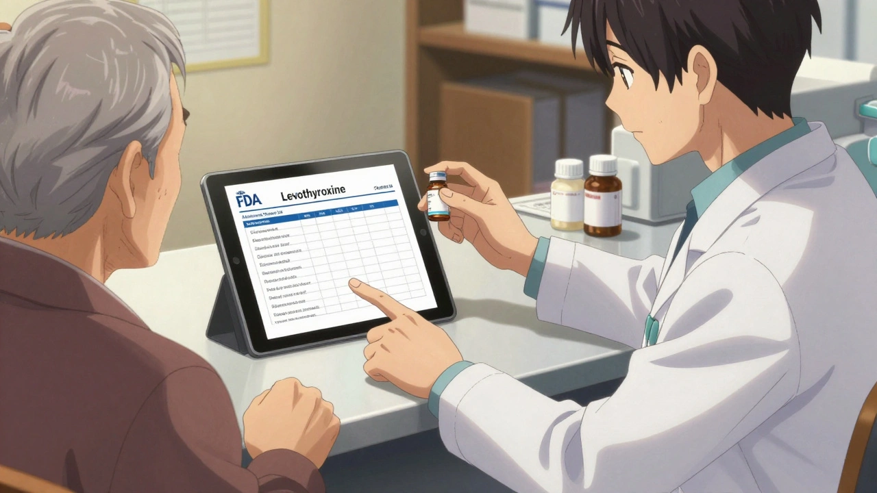 A pharmacist explains an authorized generic to an elderly patient using an FDA list on a tablet.