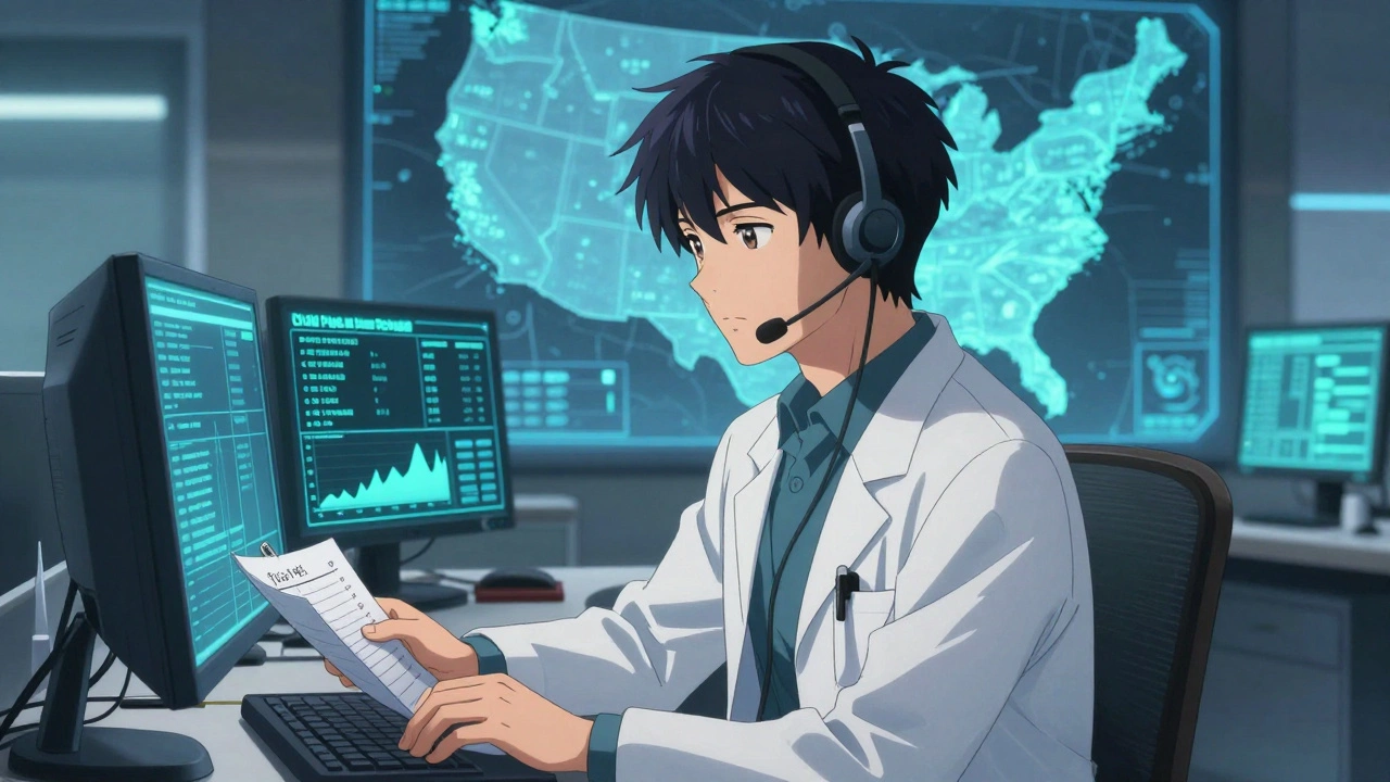 A Poison Control specialist in a call center monitors real-time poisoning data on glowing screens.