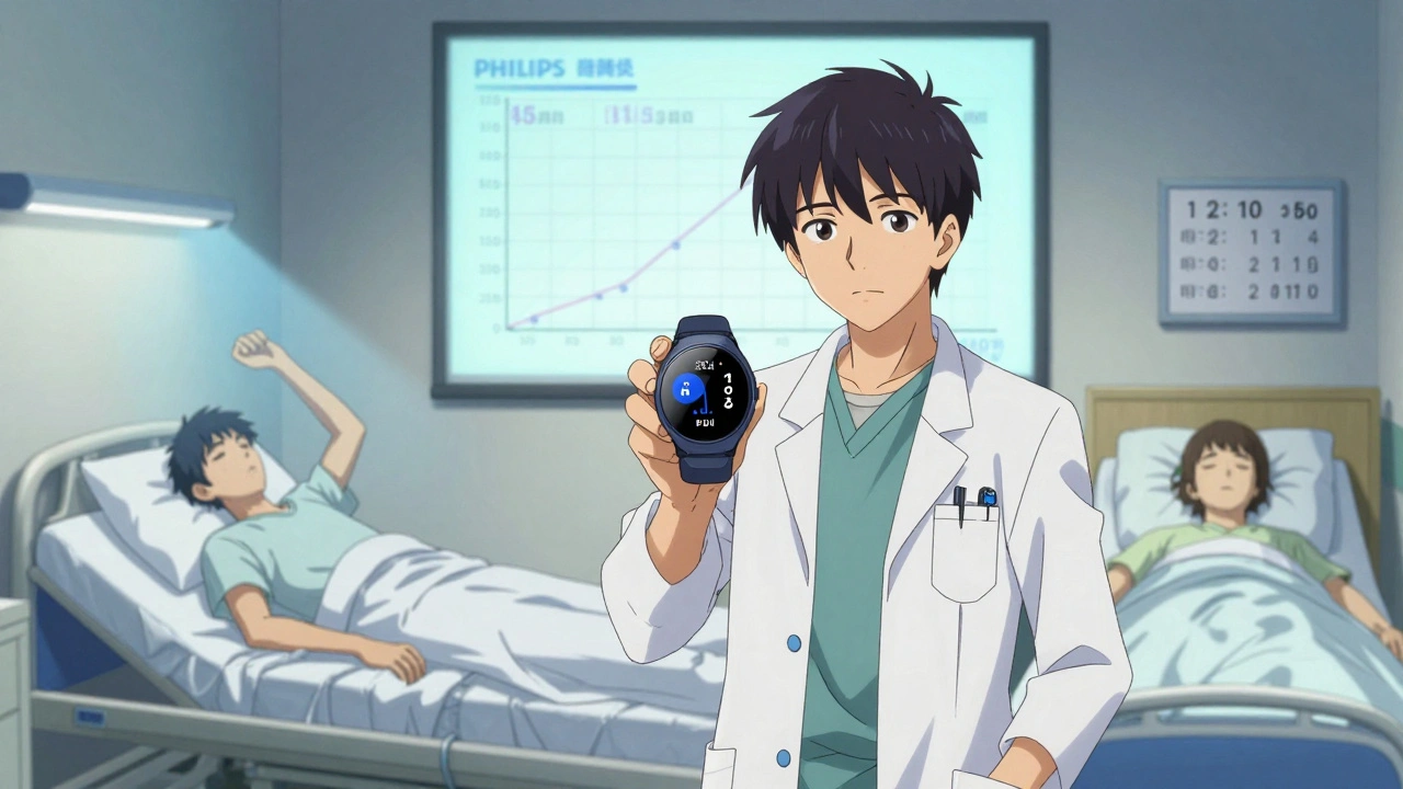 A sleep specialist examines a 14-day sleep graph beside two contrasting figures—one in a lab, one at home.