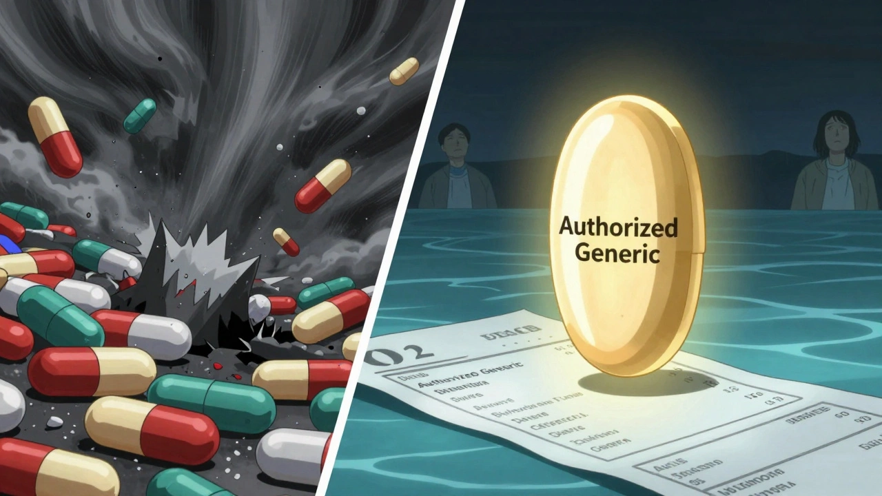 A storm of irregular generics contrasts with a single calm, glowing authorized generic pill.