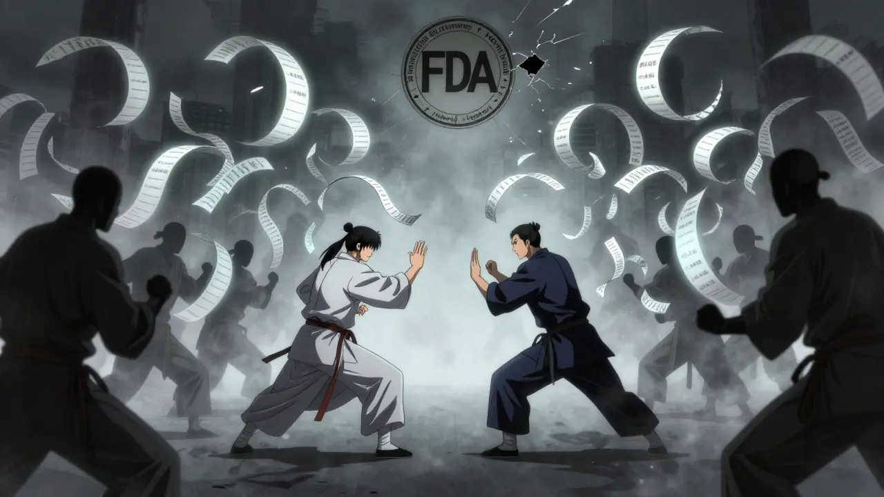 A surreal martial arts duel between biosimilar innovators and pharma warriors wielding hundreds of patent scrolls in a foggy dojo.