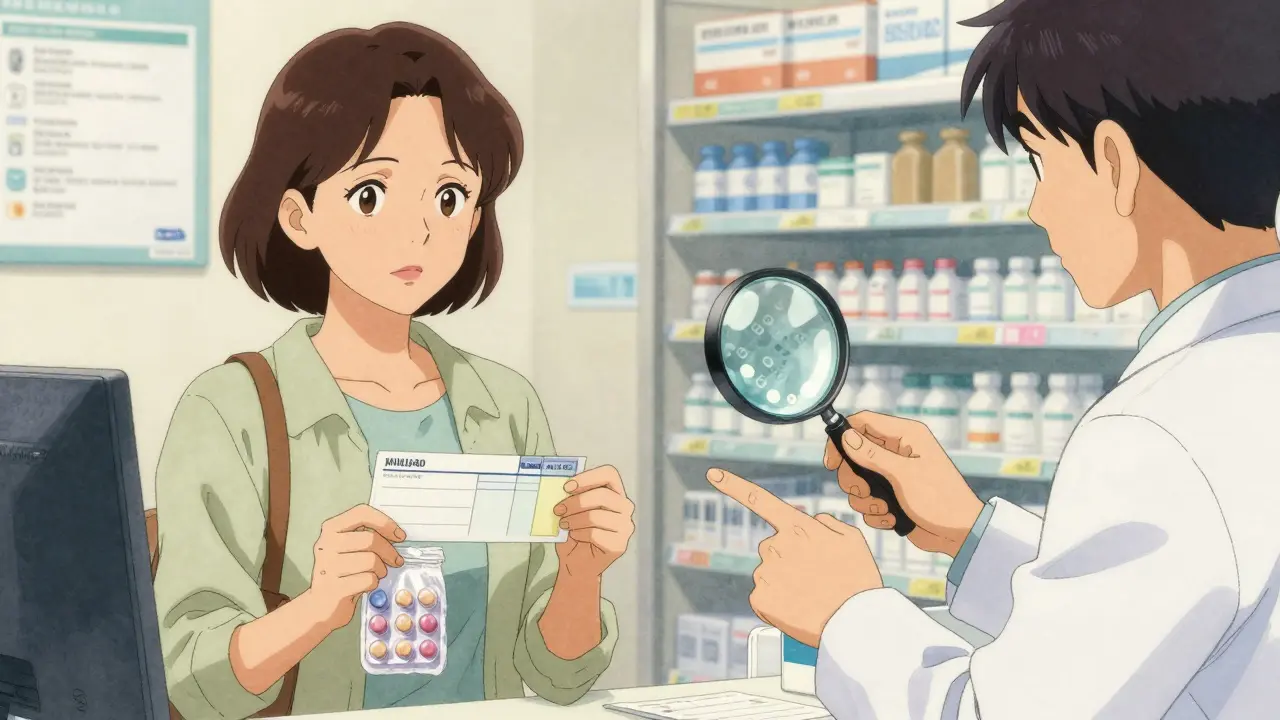 A woman at a pharmacy counter receiving generic medication, pharmacist showing pill imprint.