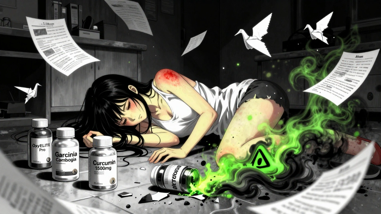 A woman showing signs of jaundice surrounded by shattered supplement bottles, toxic smoke rising in warning shapes.