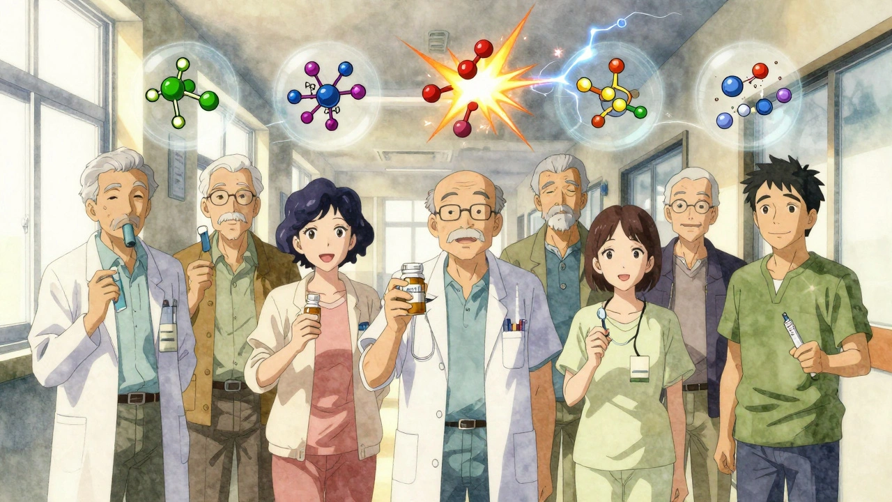 Aging HIV patients in a clinic hallway, each holding medications with floating molecular interaction icons.