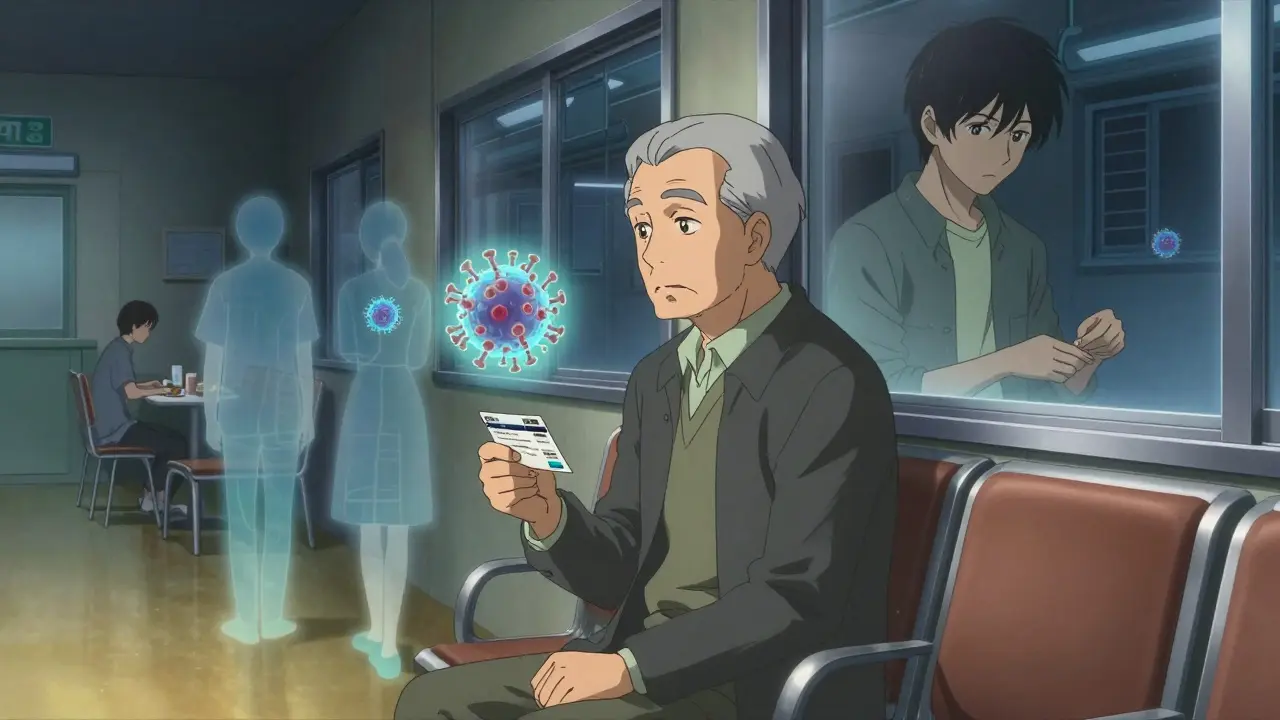 An elderly man holds a vaccination card, his reflection showing past immunization as virus shadows fade.