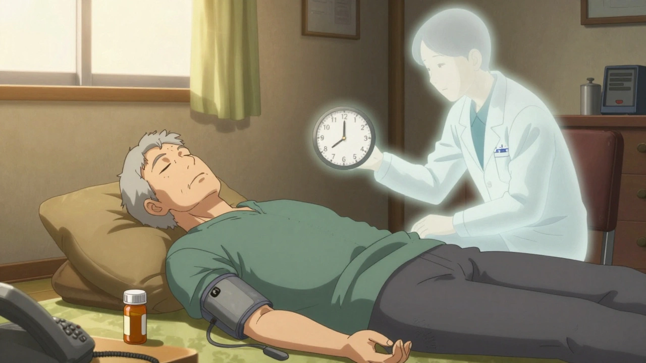 An elderly man rests on the floor as a ghostly Poison Control advisor watches over him with a timing clock.
