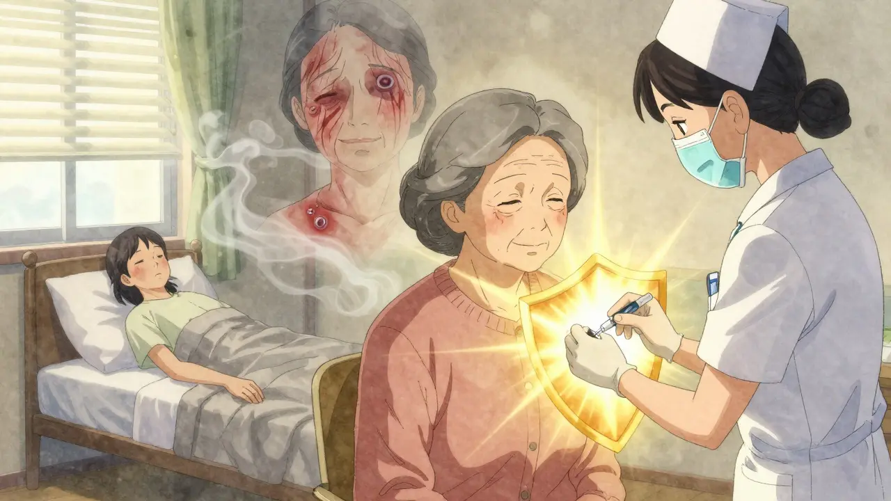 An elderly woman receives the Shingrix vaccine as a golden shield of protection glows around her, fading shingles images dissipate behind.